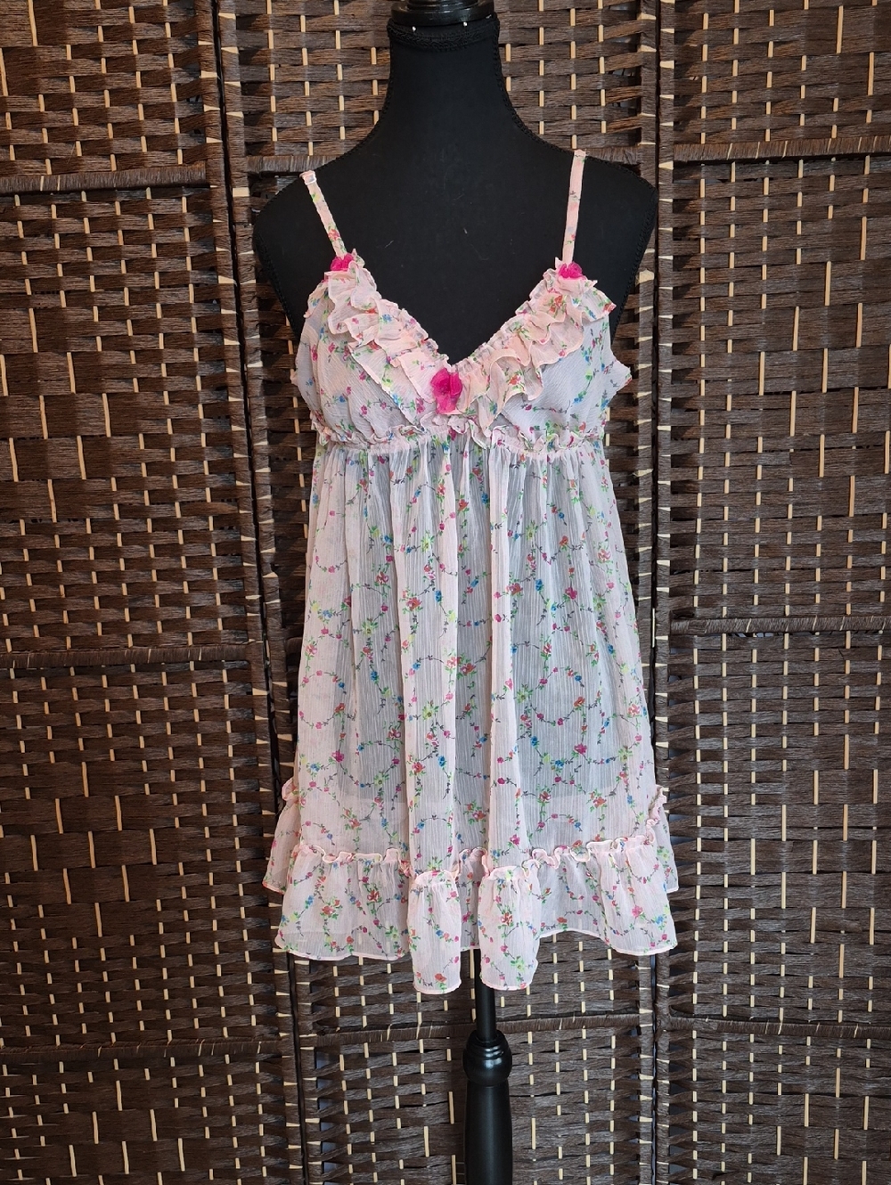 Betsey Johnson Light Pink Floral Ruffle Sleep Wear with Bright Pink Accents